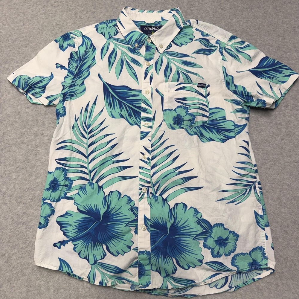 Chubbies Shirt Mens Medium Blue Floral Hawaiian Button Up Stretch Tropical